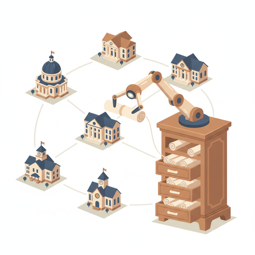 Illustration of a document-fetching machine reaching a web of government buildings