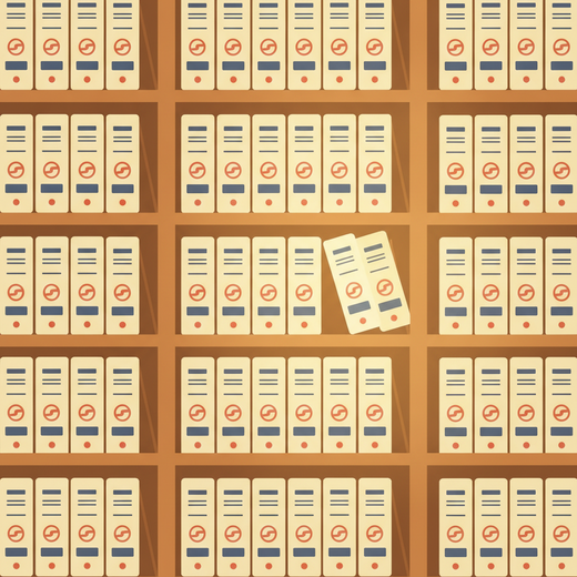 Illustration of stamped folders on deep archive shelves