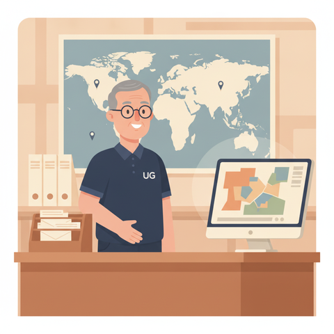 Clark at his desk in front of a world map, files and mail trays around him